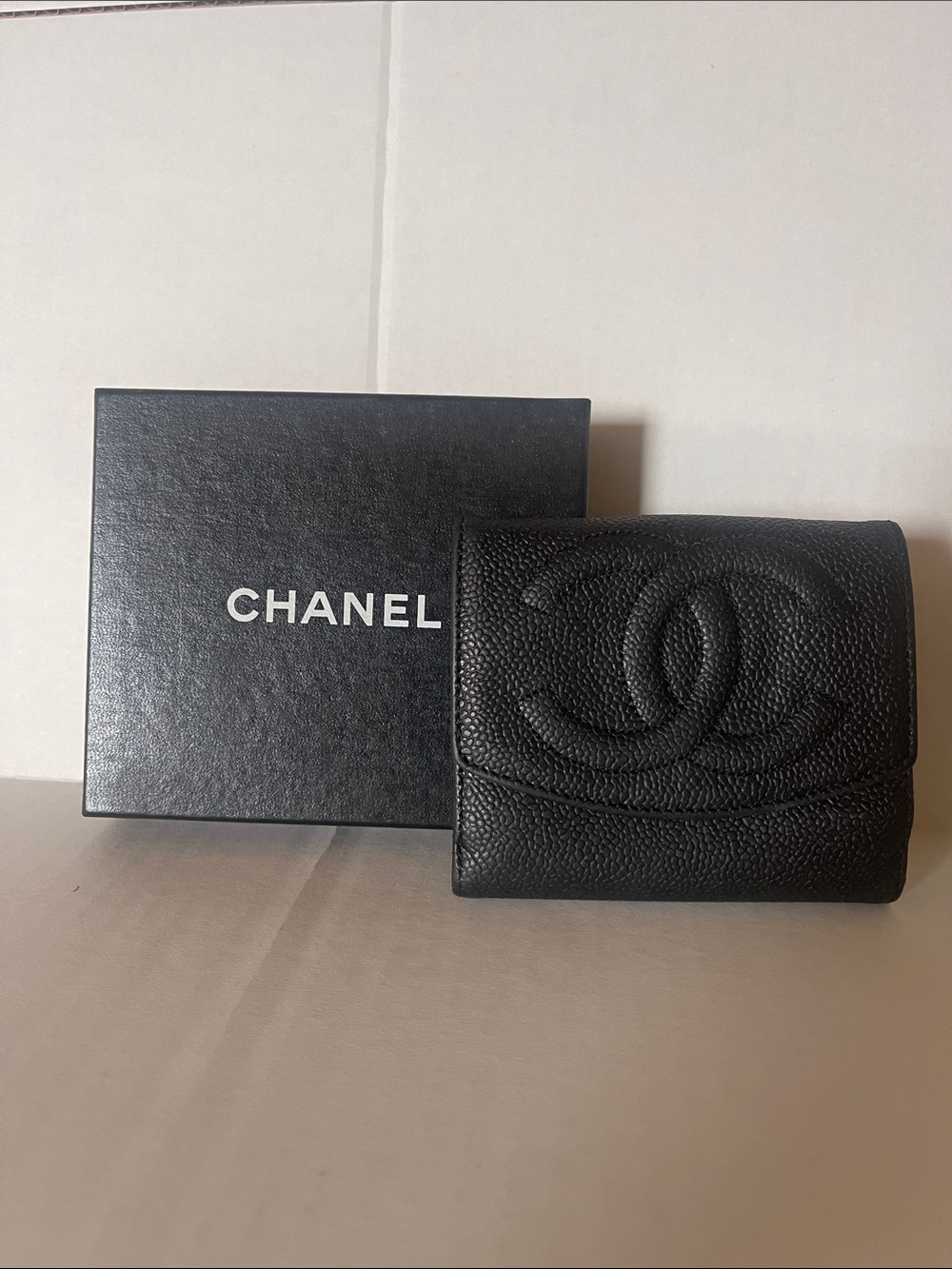 CHANEL Black Quilted Caviar Leather Compact Wallet with CC Logo